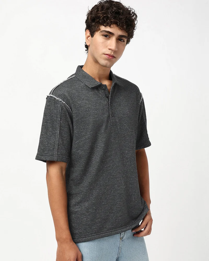 bewakoof Men's Grey Oversized Polo T-shirt
